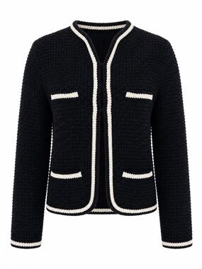 Maje Black Knit Jacket with Cream Trim